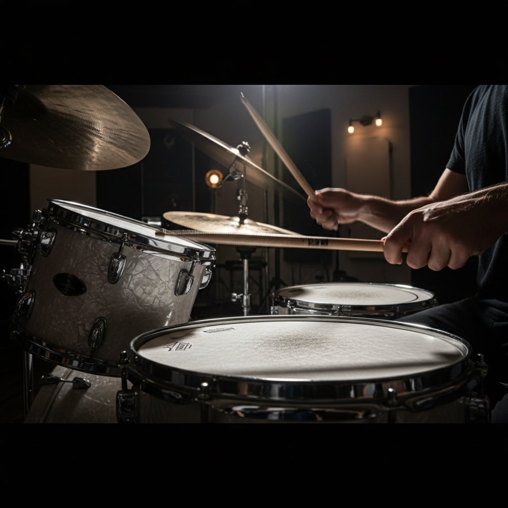 Professional drum kit in practice room at Xosiba drum school in London